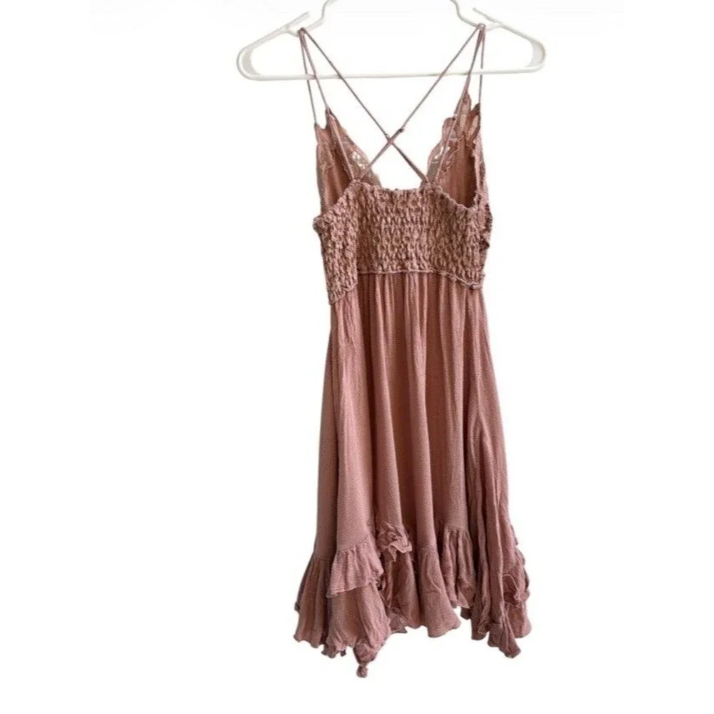 Free People FP One Adella Lace Mini Dress Boho Small Slip Sleeveless Pink